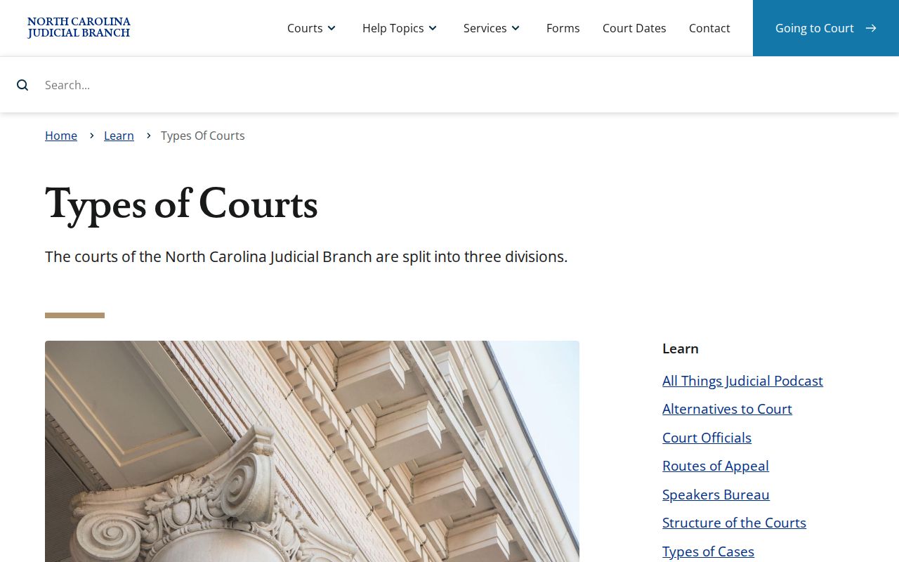 Caldwell County civil court docket research image showing the North Carolina Judicial Branch Types of Courts page