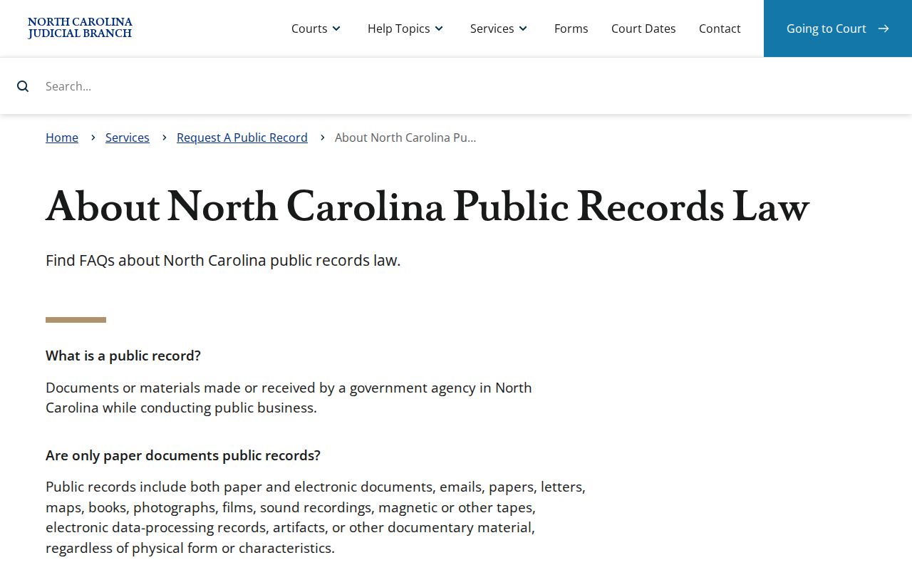 Caldwell County civil court docket research image showing the North Carolina public-records law overview