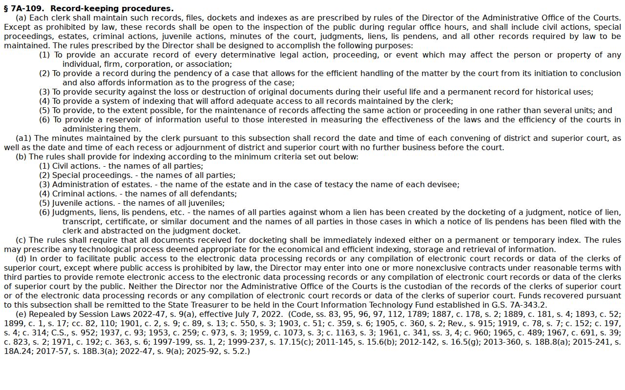 North Carolina statute page describing clerk custody and public access to court records